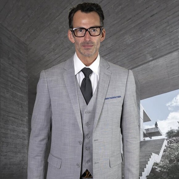 Mens 2 Button Slim Fit Vested Wool Suit in Light Grey - Picture 1 of 2